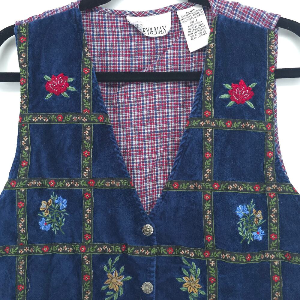 Vintage Casey&Max Cottagecore Quilt Velvet Sewn Floral Plaid Button Down Vest L - Picture 2 of 10